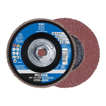 Pferd 4-1/2" x 5/8-11 Thd. POLIFAN Flap Disc - A SG STEELOX, Aluminum oxide, 40 Grit, Flat 62250